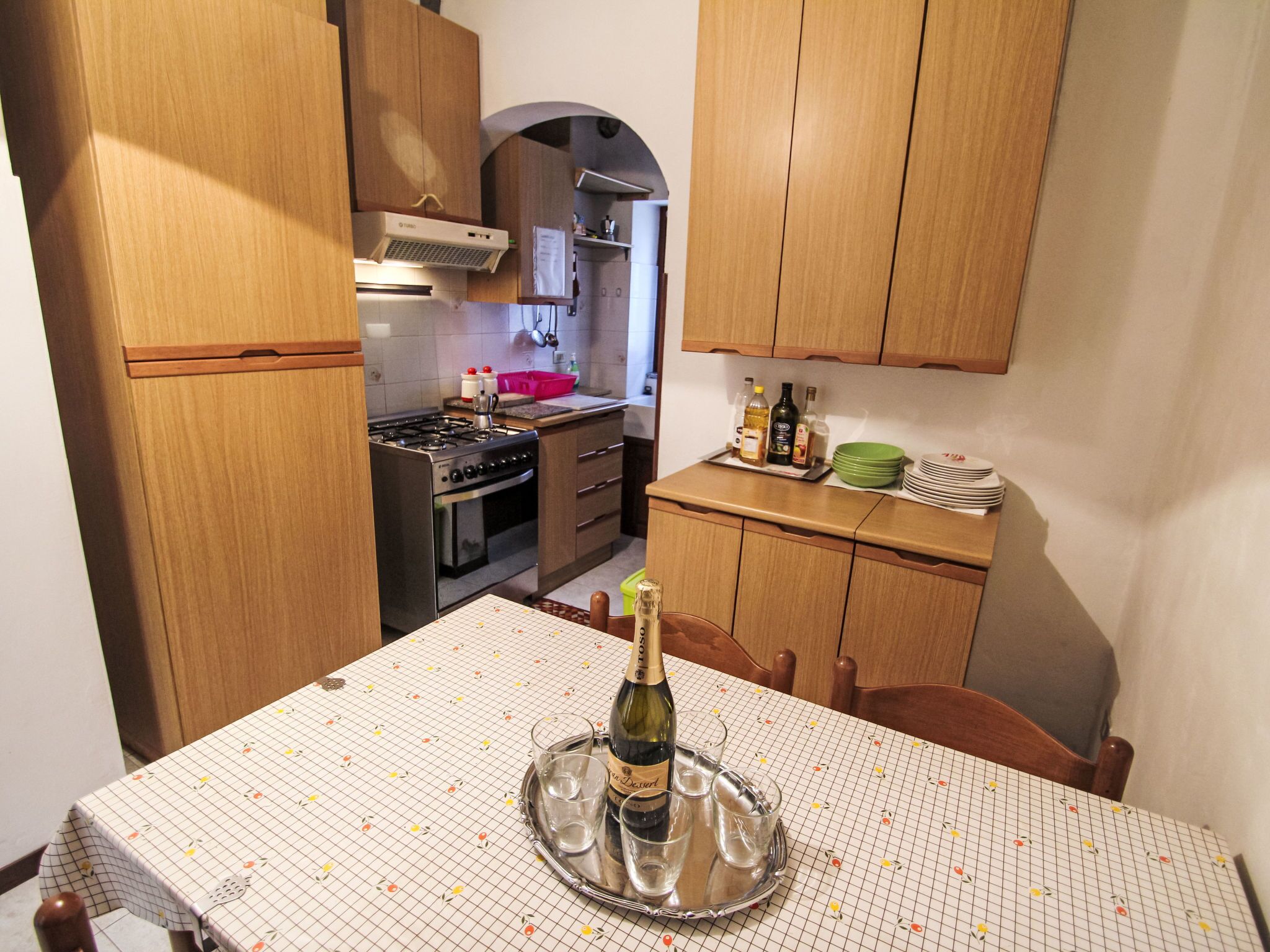 Fridge, oven, highchair, cookware/dishes/utensils