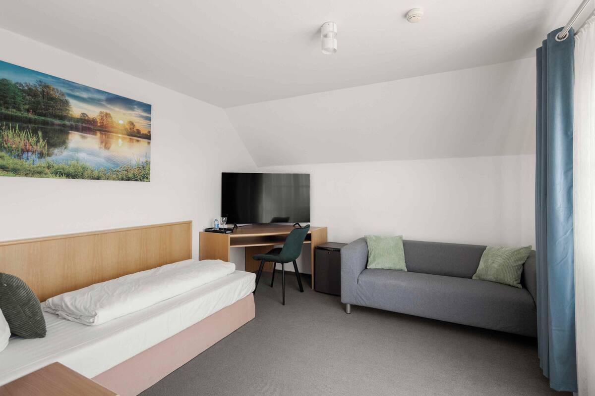 A hotel room with a bed, a desk with a chair, a sofa, a TV, and a painting of a landscape.