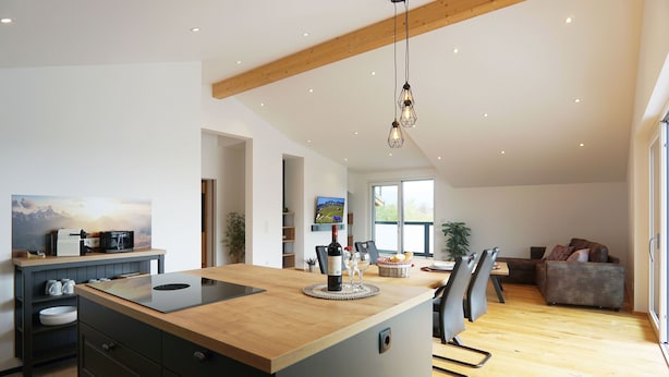 A modern kitchen with a wooden island, a dining area with chairs, and a living room with a sofa. - Penthouse suite with romantic whirlpool in privacy. Ideal for couples (Rosenheim)