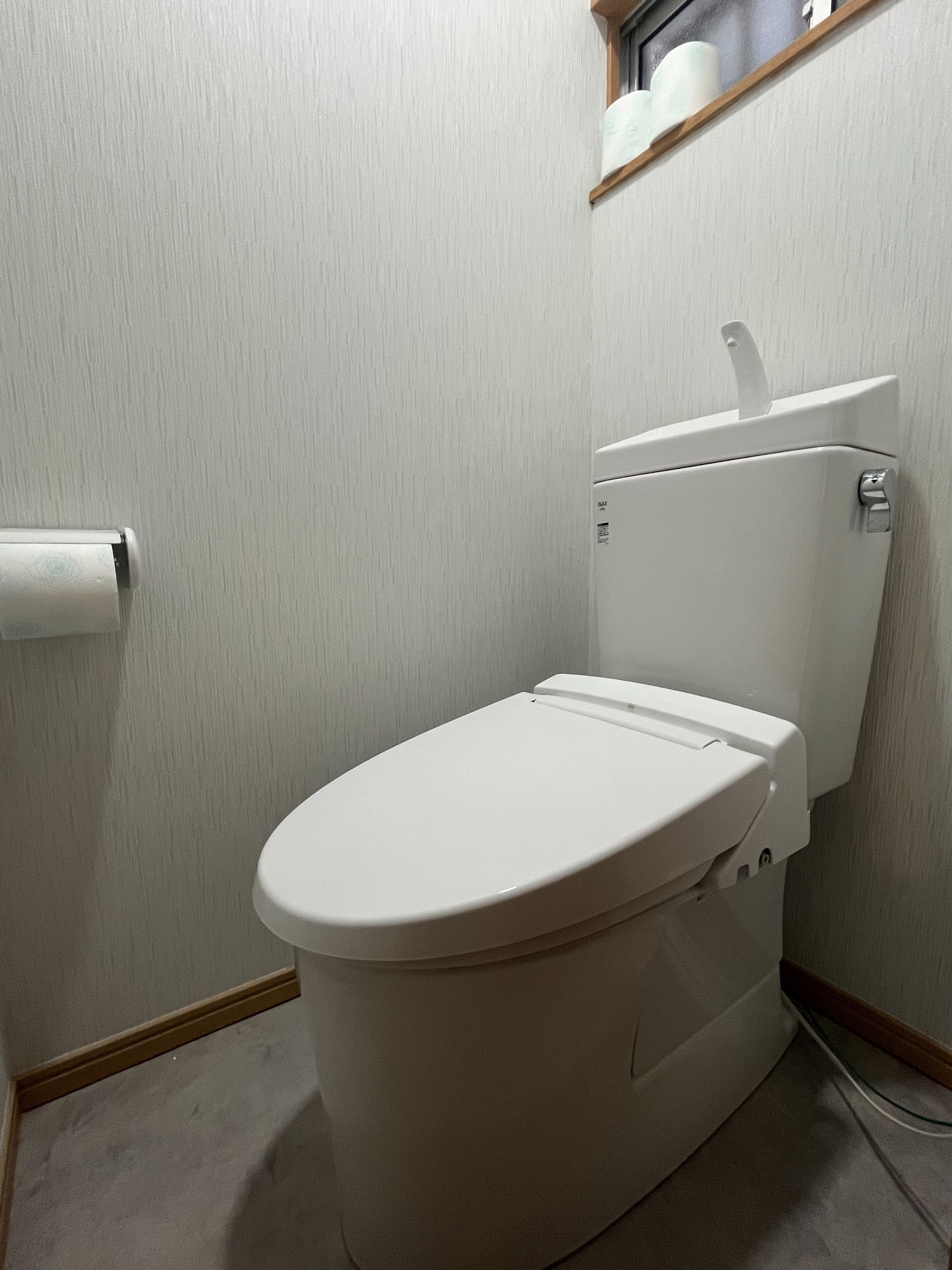 A standard white toilet with a tank and a roll of toilet paper on the left.