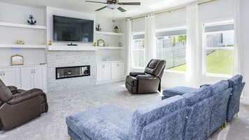 Smart TV, fireplace, foosball, table tennis