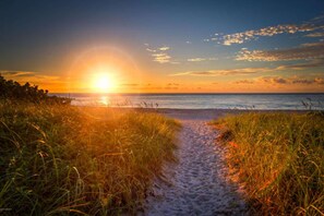 A beach path leading to the ocean with a sunset in the background.
