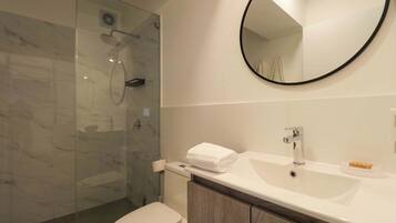 Shower, hair dryer, towels, shampoo