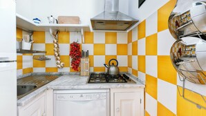 Een keuken met een gasfornuis, een ingebouwde vaatwasser en een zwart-geel geruit spatwand.