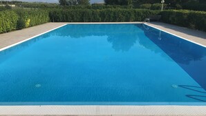Una piscina rectangular con superficie de agua azul cristalina, rodeada por un suelo de baldosas y un seto bajo.