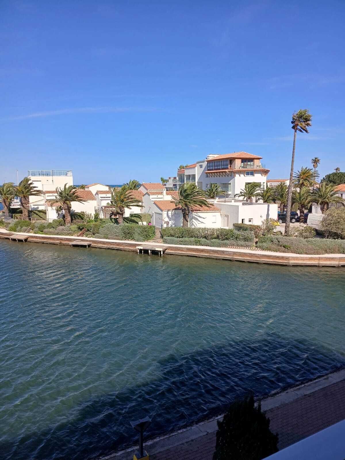 A coastal residential area with houses, palm trees, and a calm sea.