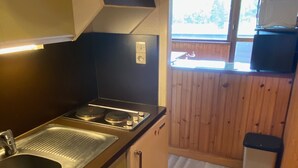 Une cuisine de taille réduite, dotée d’un évier en acier inoxydable, d’une cuisinière à gaz et de meubles de rangement en bois.