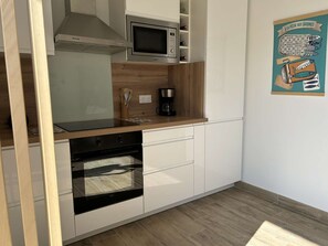 Fridge, microwave, oven, stovetop - T2 Apartment with Cabin, Terrace, Air Conditioning in Saint Pierre la Mer (Fleury-Saint-Pierre-la-Mer)