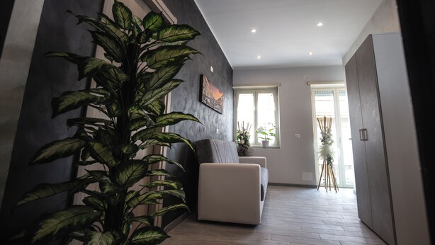 A modern interior with a dark wall, a white sofa, a potted plant, and a window with natural light. - ROOMS MONTEVERDE 2 (Rome)