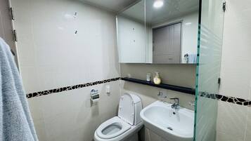 Secadora de cabello, toallas, jabón, papel de baño
