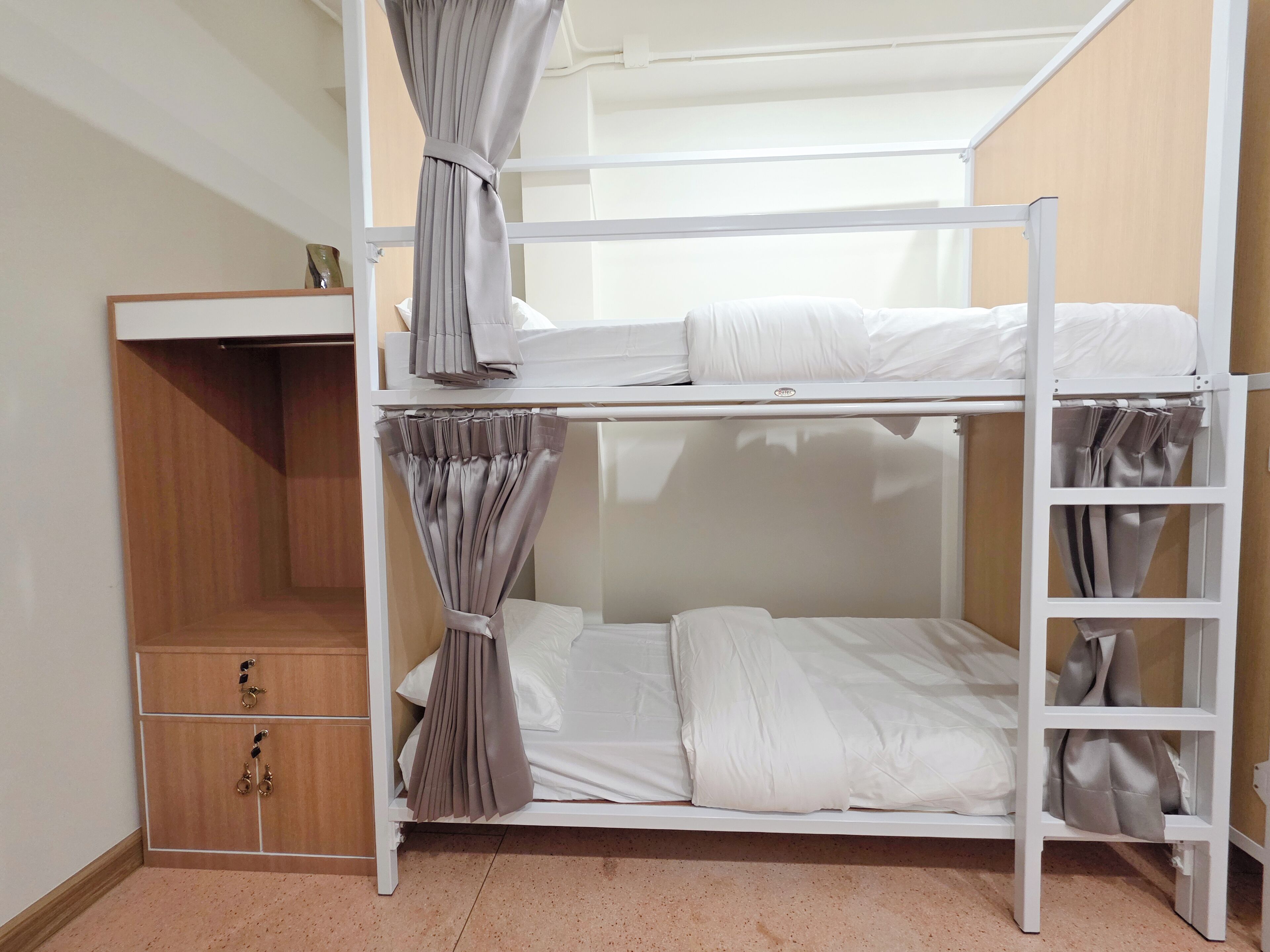A bunk bed with a wooden wardrobe and a ladder.