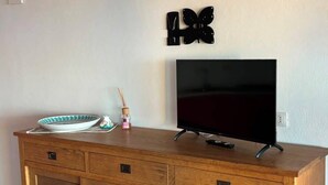 A wooden TV stand with a flat-screen TV, a decorative butterfly, and a small framed picture on the wall. - Charming apartment with sea view in Costa Paradiso – Terrace, relax and nature (Costa Paradiso)