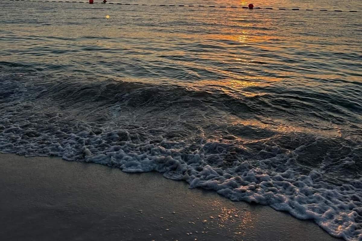 A sunset over a body of water with a large Ferris wheel in the background.