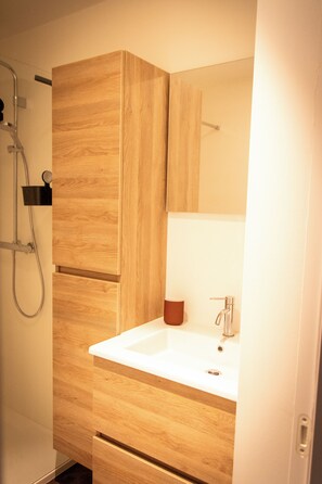 Douche, sèche-cheveux, serviettes fournies, savon