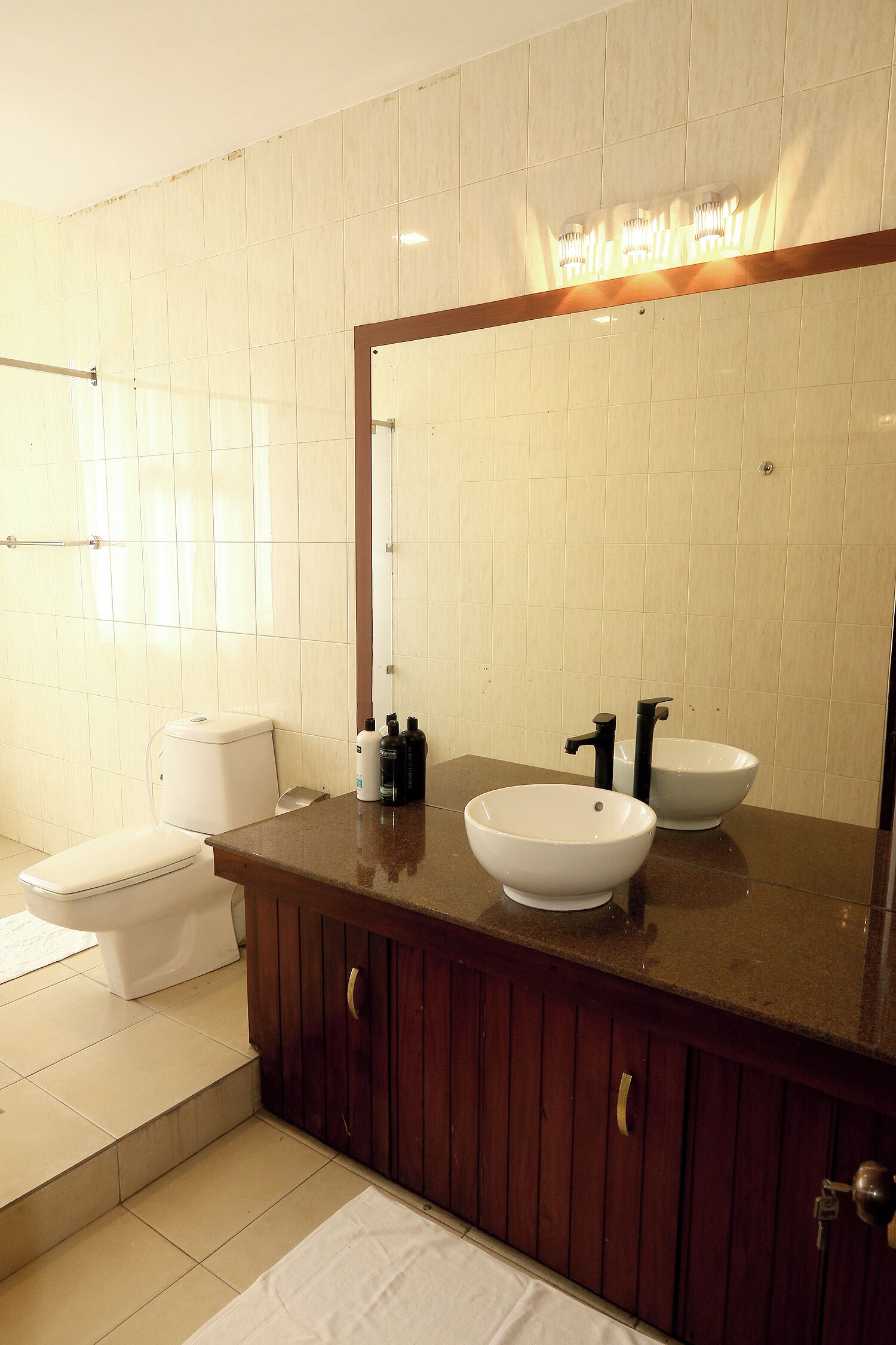 A bathroom with a toilet, two sinks, a mirror, and a shower area.