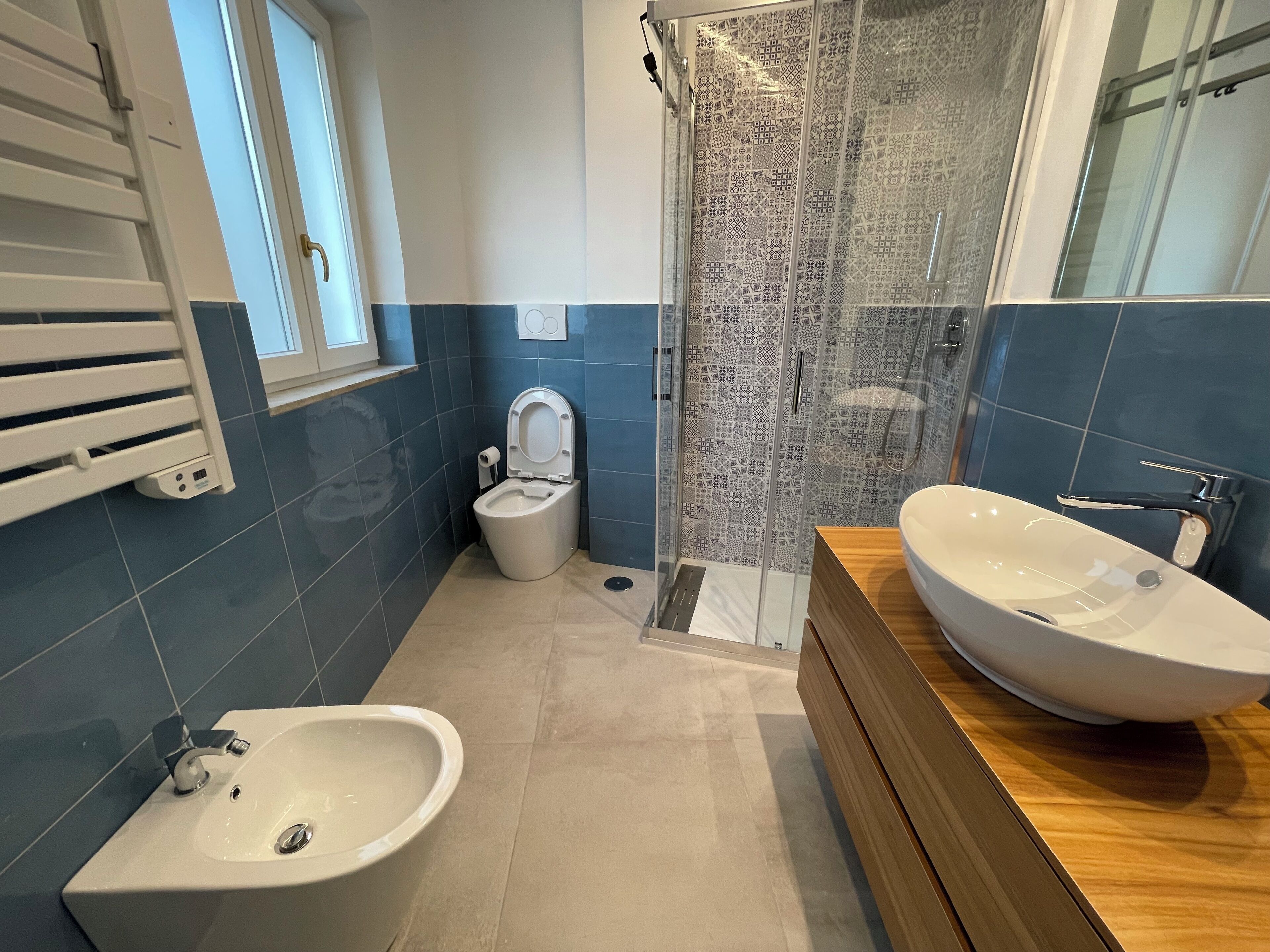 Shower, hair dryer, bidet, towels