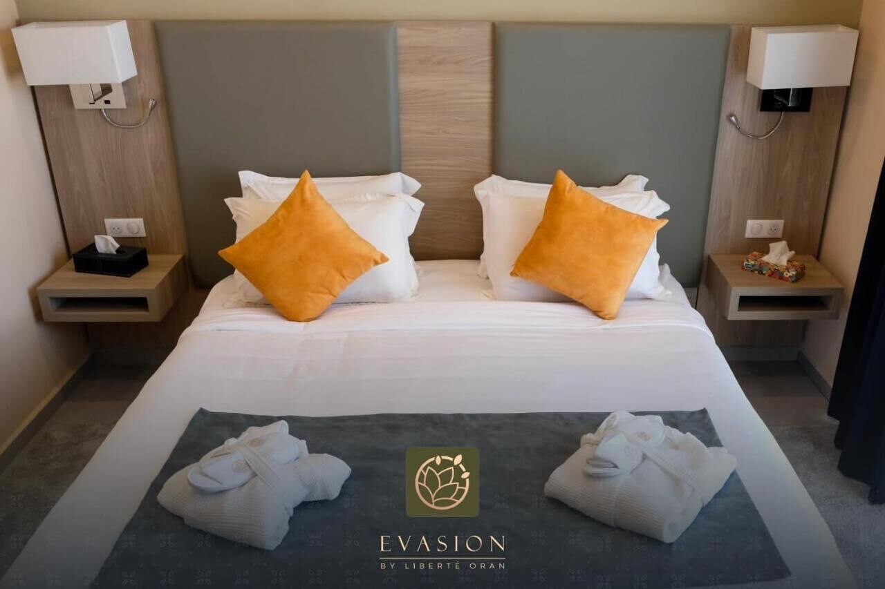 Een hotelkamer met een groot bed, twee nachtkastjes en een hoofdeinde.