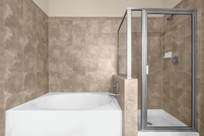 Shower, towels, soap, toilet paper