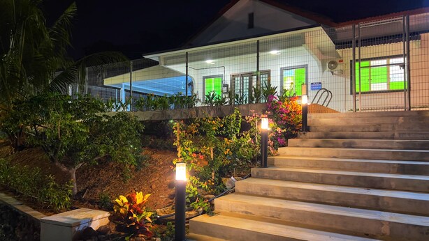 A modern building with a staircase leading to a green-lit entrance, surrounded by lush vegetation and outdoor lighting.