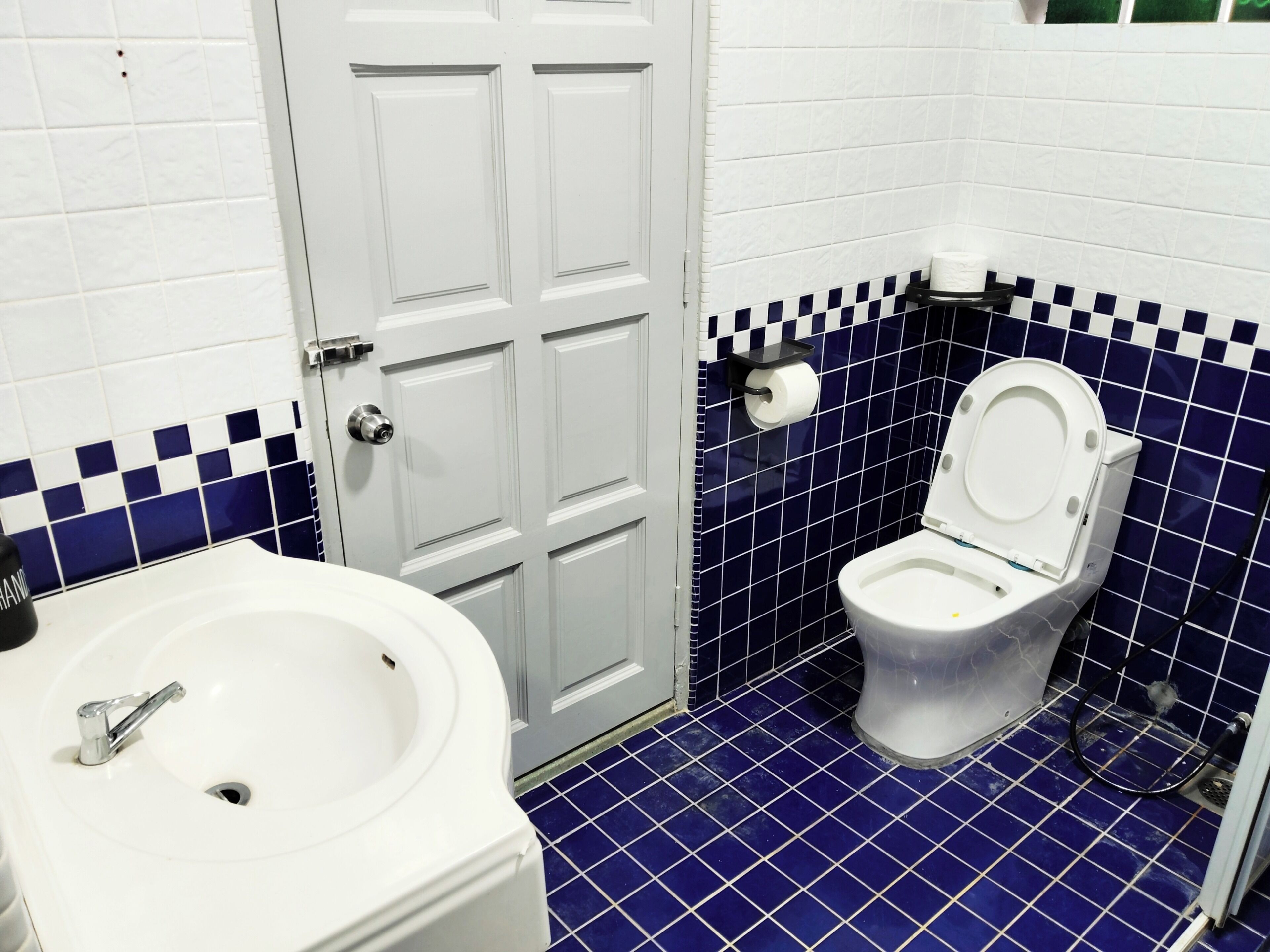 Une salle de bain avec un lavabo blanc, des toilettes et une porte.
