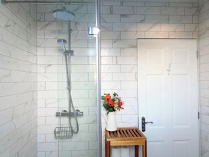 Regadera, secadora de cabello, toallas, papel de baño