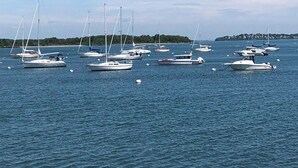 A marina with multiple sailboats and yachts anchored in calm waters.