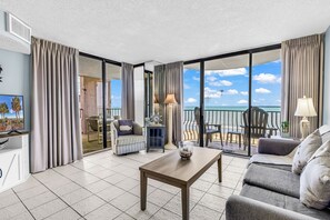 Signature Condo, 3 Bedrooms, Balcony, Ocean View | Living room | 55-inch Smart TV with digital channels - Palms Resort by Hosteeva (Myrtle Beach)