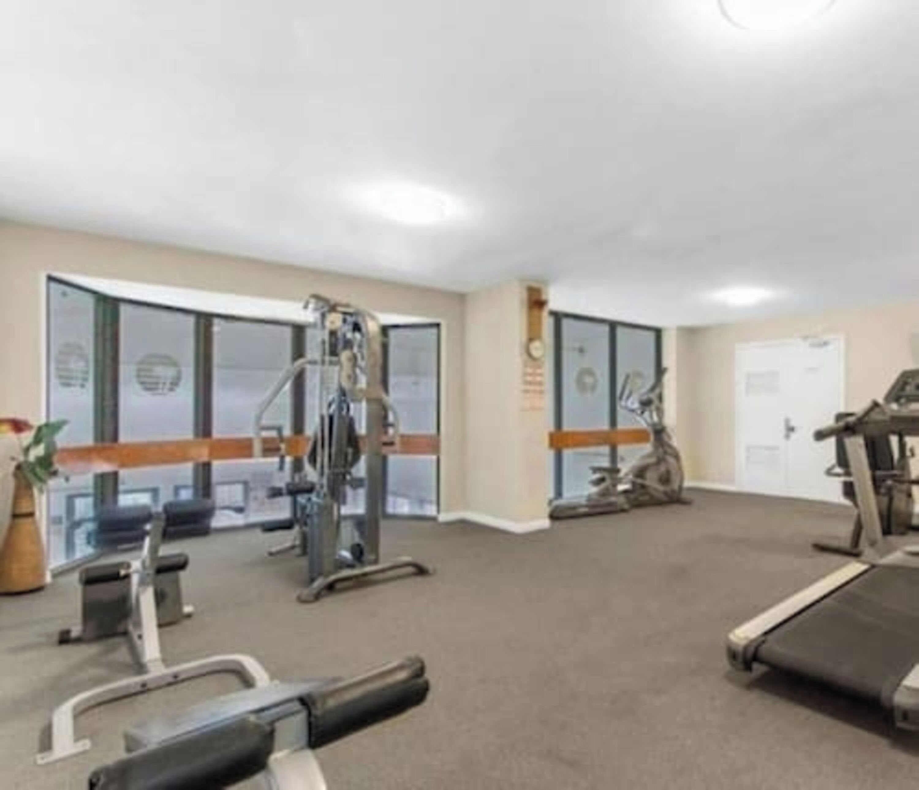 A gym with various exercise equipment including treadmills, stationary bikes, and weight machines.