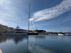 Ein Yachthafen mit vertäuten Yachten, ruhigem Wasser und Gebäuden im Hintergrund.