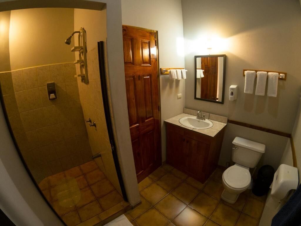 A bathroom with a shower, toilet, sink, and a mirror.