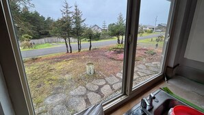 A view through a window of a stone pathway leading to a grassy area with trees and a road. - TRANQUIL RETREAT IN GRAYLAND - Minutes from Westport's Coast (Grayland)