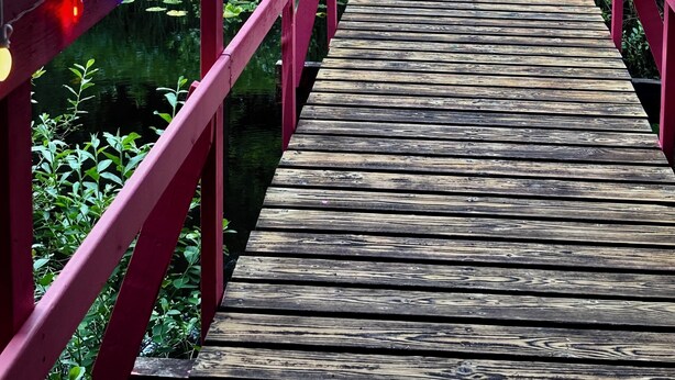 A wooden bridge with red railings and colorful lights. - TRANQUIL RETREAT IN GRAYLAND - Minutes from Westport's Coast (Grayland)