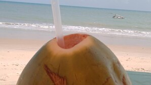 Une boisson à la noix de coco, servie dans un verre avec une paille, sur une plage de sable, avec l’océan en arrière-plan.