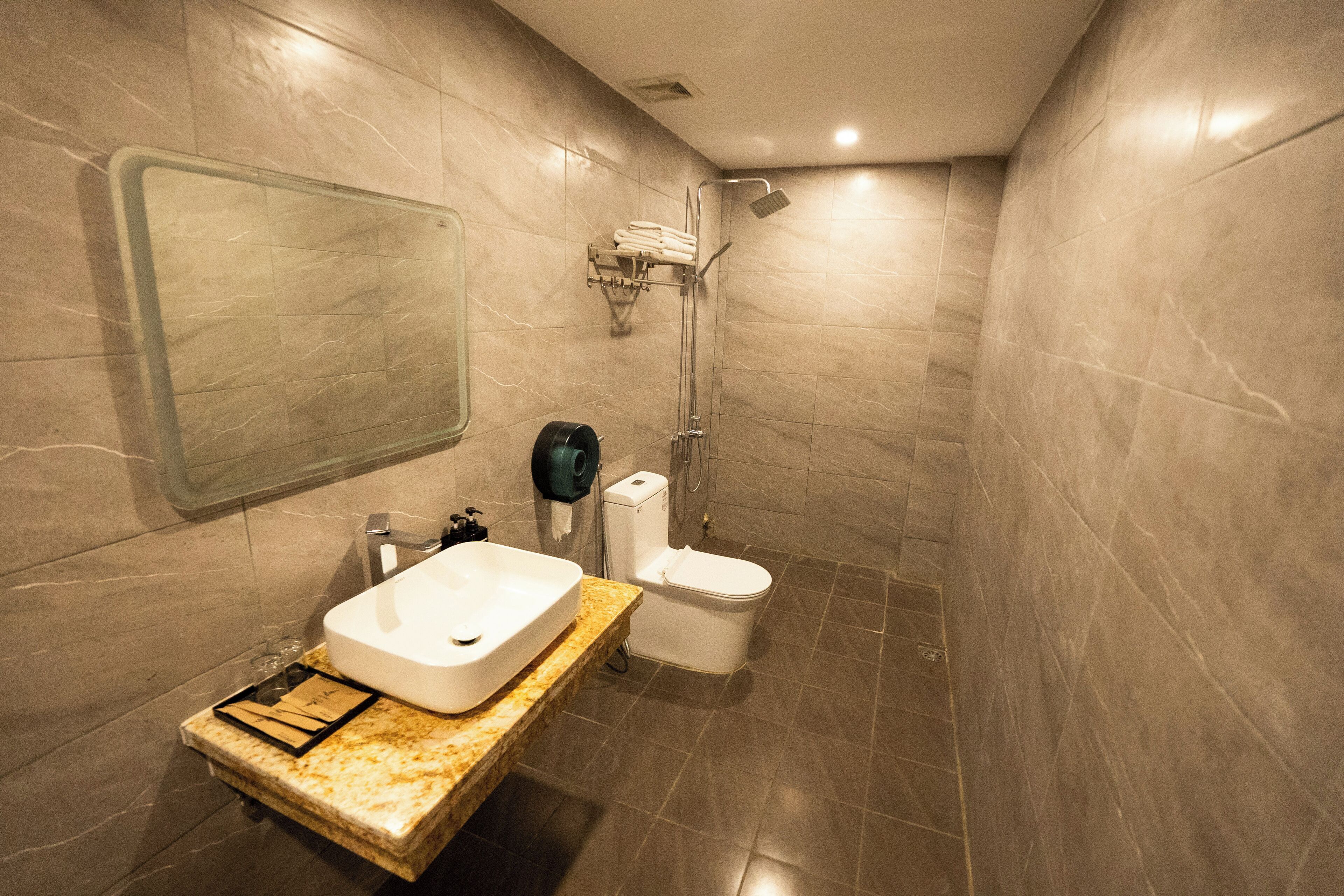 Une salle de bain moderne avec un lavabo en marbre, des toilettes et une douche.