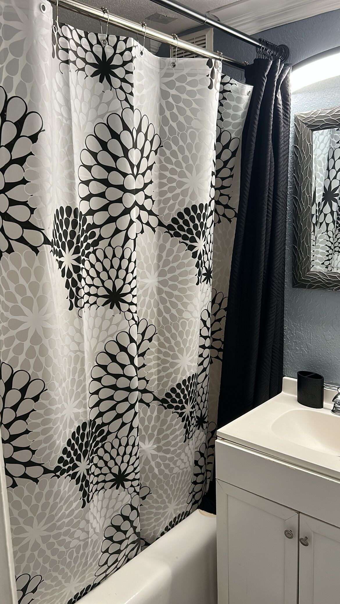 A bathroom with a shower curtain featuring a black and white floral pattern, a white sink, and a mirror above it.