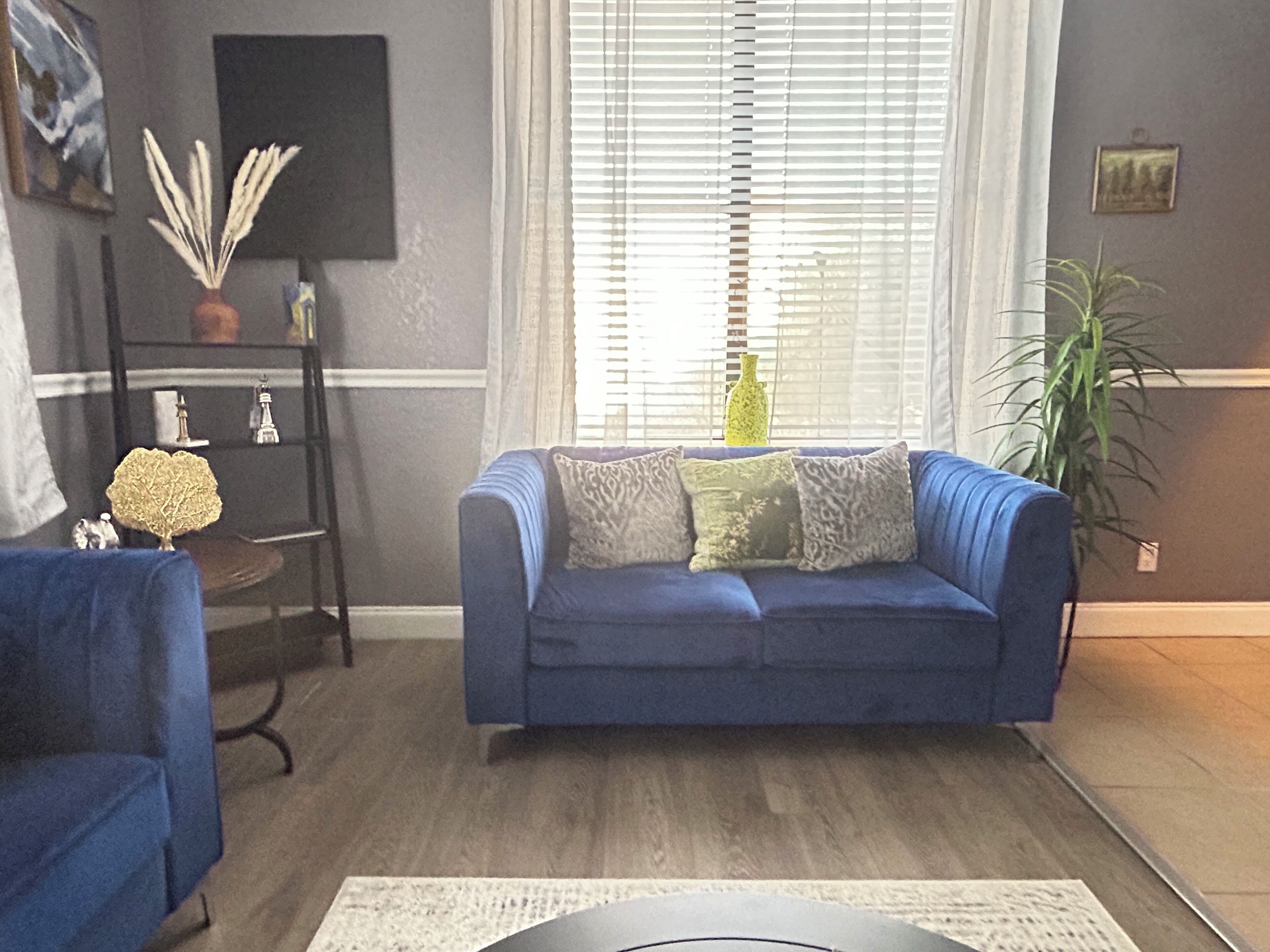 Uma sala de estar com um sofá azul, uma pequena mesa lateral, uma planta em vaso e uma janela com persianas.