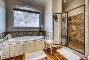 Shower, jetted bath, hair dryer, towels