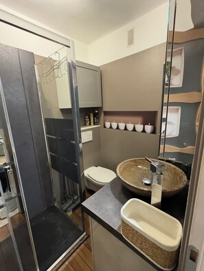 Sèche-cheveux, serviettes fournies, savon, papier toilette