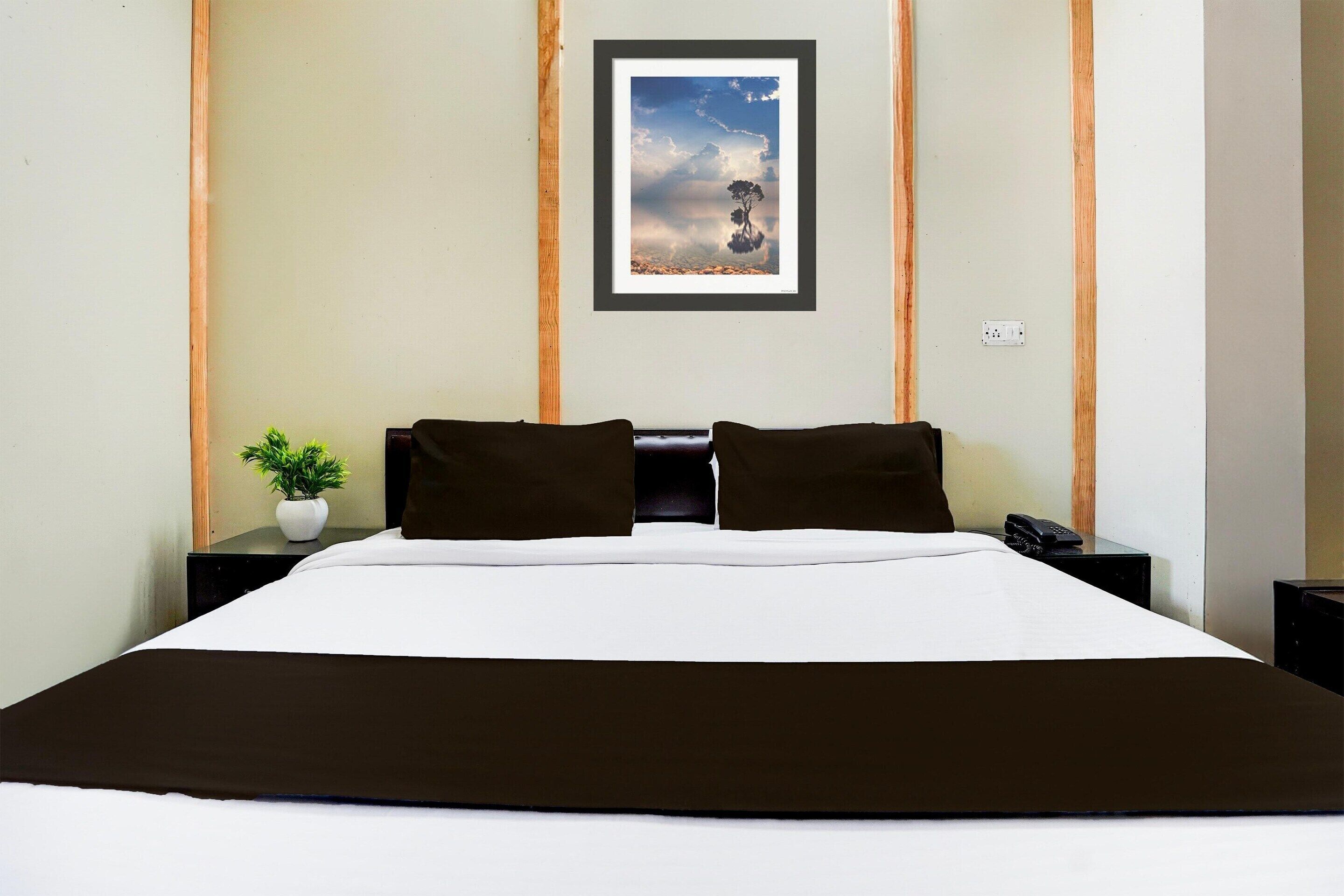 A hotel room with a large bed, two nightstands, a framed picture on the wall, and a small plant on one nightstand.