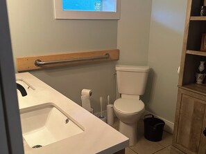 Hair dryer, towels, toilet paper