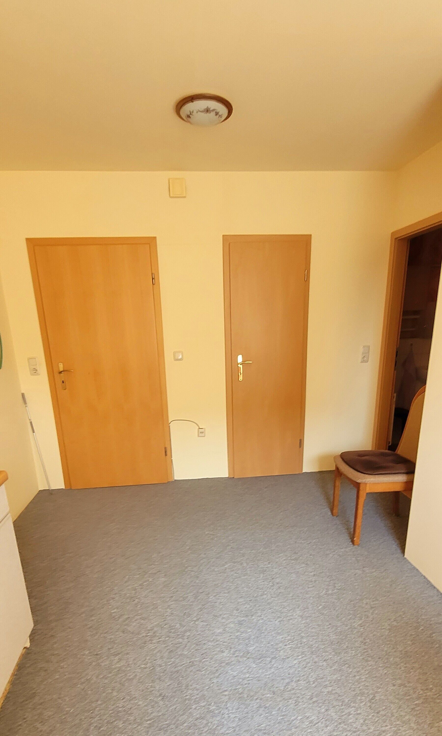 A room with two wooden doors, a grey carpet, and a wooden chair.