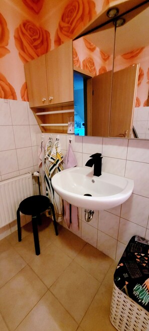 A bathroom with a white sink, a mirror, and a wooden cabinet. - Vacation apartment Petze (Sibbesse)