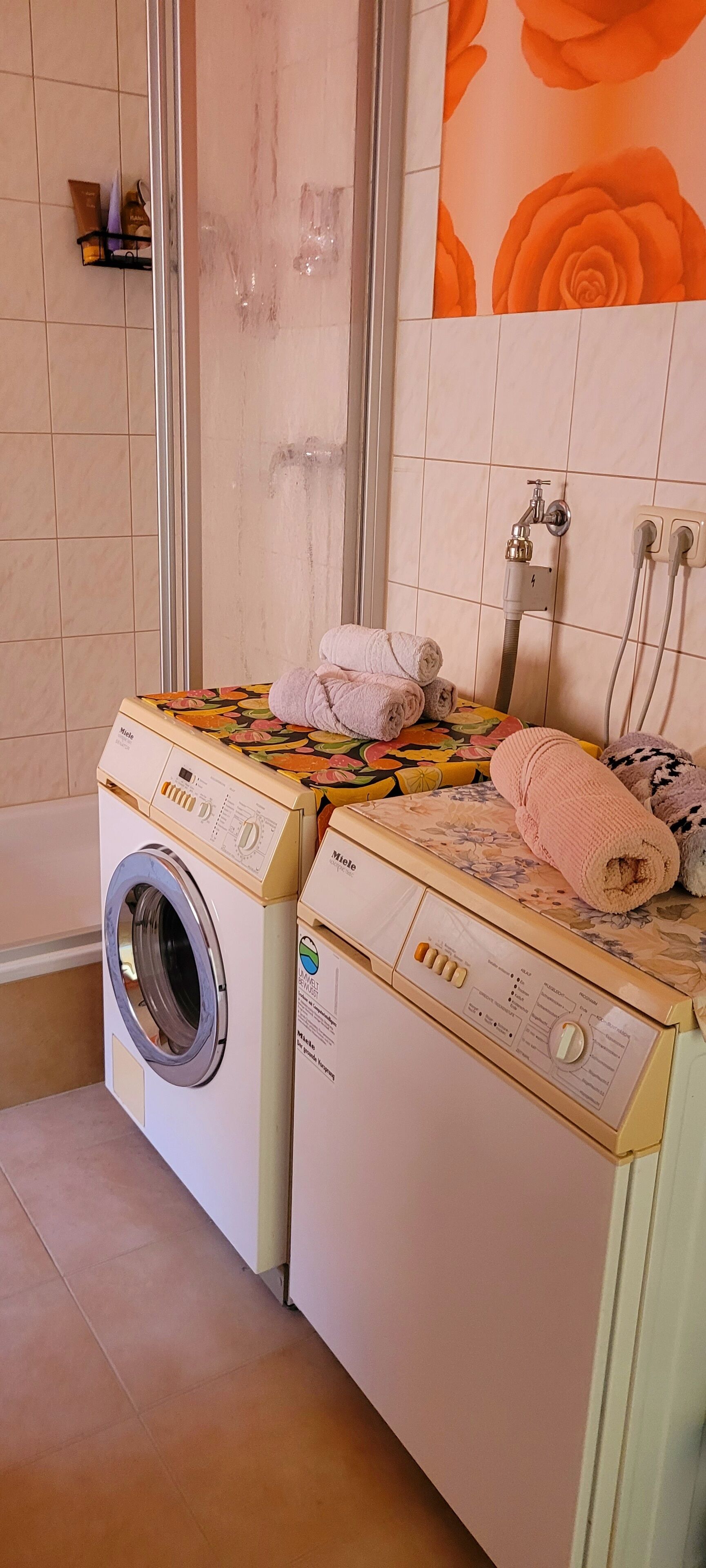 Un espace buanderie comprenant deux machines à laver, une douche et un mur orné d’un motif floral.