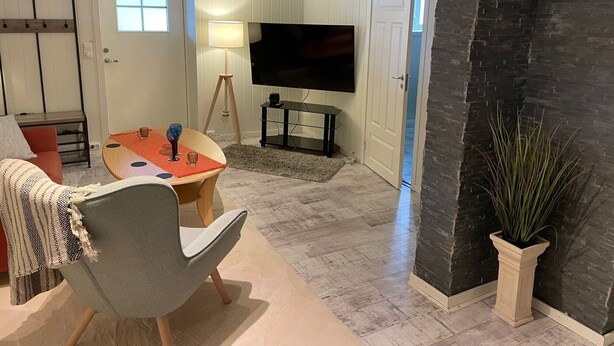 Un salon avec un téléviseur, une table agrémentée d’objets décoratifs, un canapé et une plante en pot.