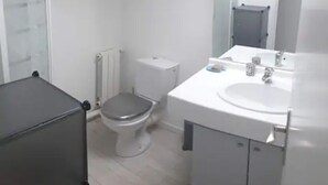 Une petite salle de bain moderne avec un lavabo blanc, un miroir et des toilettes. On aperçoit une lucarne au-dessus des toilettes, et un meuble de rangement noir est visible sur la gauche.