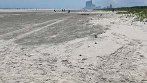 A wide sandy beach with footprints and sparse vegetation.