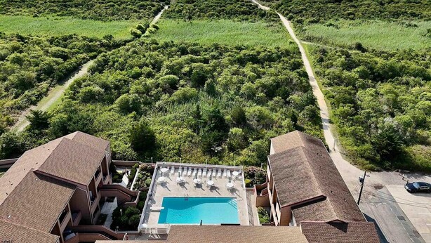 A hotel with a swimming pool, beach view, and a path leading to the beach.