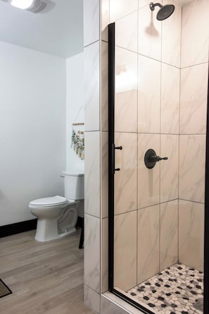 Chuveiro, secador de cabelo, toalhas de banho, papel higiênico