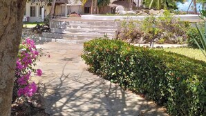 Un chemin menant à un bâtiment doté d’un toit de chaume, entouré de palmiers et d’un jardin bien entretenu.