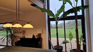 Una habitación con un ventanal grande, un piano, un escritorio y varias plantas en macetas.